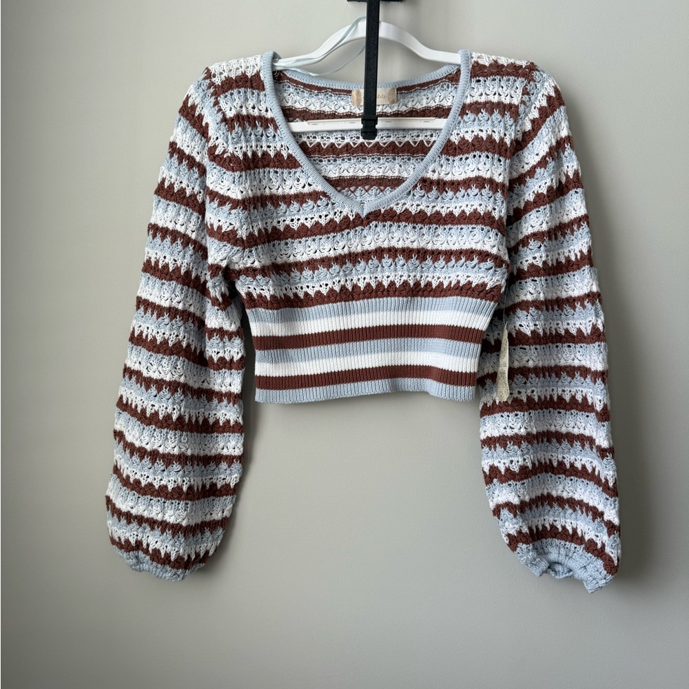 Altar’d State 100% COTTON Striped V-Neck Cropped Sweater Top